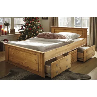 otto home Massivholzbett »Hugo, hohe Belastbarkeit! FSC® zertifiziertes Massivholz, Landhausstil«, (Breite/Belastbarkeit 180cm/200KG, 140cm/180KG), Stauraumbett aus massiver Kiefer natur/geölt, Betten, 335190-0
