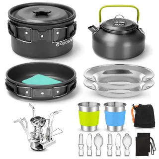 Odoland Camping Kochgeschirr Set Antihaft-Topf und Pfanne Set mit Wasserkocher, Edelstahl Utensilien Mess Kit, Tassen Teller Messer Löffel Gabeln für Outdoor Kochen