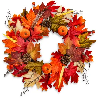 Goviraye Herbstkranz 53 cm, Türkranz Herbst mit Ahornblättern, Mini-Kürbissen, Tannenzapfen und Beeren, Künstlicher Herbst Deko Kranz für Haustür Kamin Wand Erntedankfest Halloween
