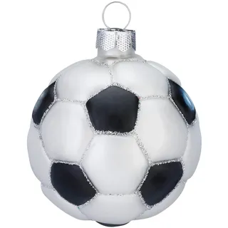 Holly & Jolly - Weihnachtskugel Fußball, ca. 7,5 cm | Christbaumkugel aus Glas, handbemalt, Weihnachtsbaumschmuck in Schwarz und Weiß, beglittert, Weihnachtsdeko für Innen