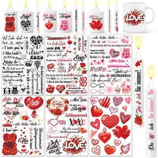 DPKOW DIY Kerzentattoos Valentinstag Wasserschiebefolie Kerzen Stabkerze Rot Herzen Kerzenfolie Ich Liebe Dich Kerzensticker Geburtstagskerze, Kerze mit Spruch, 6 Blatt
