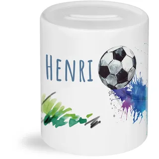 GRAZDesign Fussball Spardose Kinder Jungen mit Name Sparschwein personalisiertes Geschenk Geburtstag, Weihnachten, Taufe Keramik