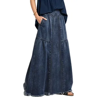 ebossy Damen Casual Elastische Taille Fransen Saum A-Linie Distressed Hippie Lang Maxi Denim Rock - Blau - Klein