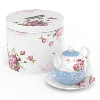 London Boutique Tea for One Teekanne Teetasse Untertasse Set Geschenke für Frauen Teeset für 1 New Bone China Vintage Flora Geschenk für sie 350m (blau)