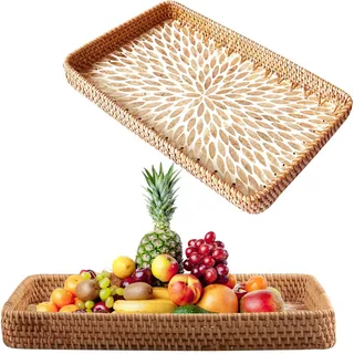 Hocadrv Tablett Rattan Dekotablett VintageTablett aus Rattan Rechteckiger Tablett Servierbrett Serviertablett für Badezimmer Wohnzimmer Garten(37 × 23 × 4 cm)