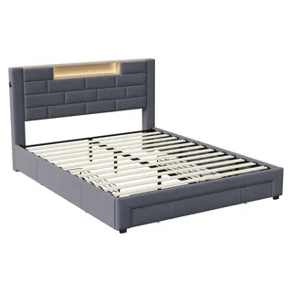 Bett 160 x 200 cm - Doppelbettgestell - Mit Schubladen - Kopfteil mit Stauraum - Mit Lattenrost - Industrial Design - Ohne Matratze