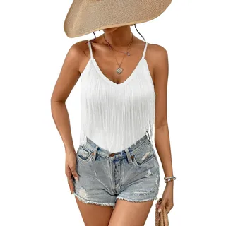 Damen Tank Top Mit Fransen – Sexy Rave Cowgirl Outfit Festival Oberteile | Ärmellose, V Ausschnitt, Verstellbare Spaghetti, Elegant Boho Country Kleidung, Sommer Klamotten Shirt, Western Hemd Damen