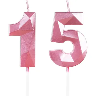 Yiran Geburtstagskerzen 15, 5cm 3D Rosa - Tortendeko & Kuchendeko für Geburtstagsdeko, Nummer 15