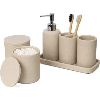 ZCCZ Badezimmer Set – 6 Teile – Badezimmer Organizer mit Zahnbürstenhalter, Seifenspender, Seifenschale, für Kosmetik u. Wattestäbchen – Edle Badezimmer Deko in Marmor-Optik, Sandfarben