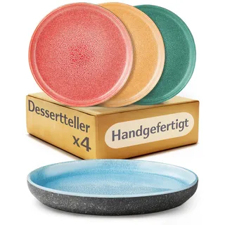 Cosumy 4er Dessertteller Set aus Steingut Ø20 cm – Handgefertigte Kuchenteller mit lebendiger, handglasierter Oberfläche – Buntes Farbspiel, Mikrowellen- & Spülmaschinenfest – Frühstücksteller 4 Stück