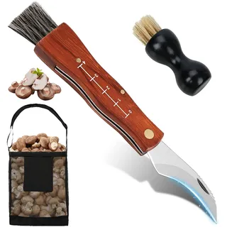 ASOFTY Pilzmesser mit Bürste und Pilztasche, Holzgriff Pilzmesser, Tragbares Pilzsammler Messer, Taschenmesser, Klappmesser für Champignon, Trüffel
