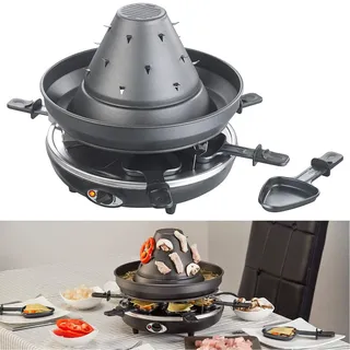 Rosenstein & Söhne Tartarenhut: Elektrischer 3in1-Tatarenhut- & Raclette-Grill mit Fondue-Rinne, für 6 (Husarenhut Grill, Tatarengrill, Topf)