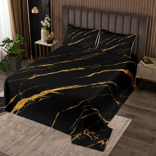 Marmor gedruckt Tagesdecke 170x210cm Schwarz Golden Marmor Bettüberwurf Schick Modern Marble Design Steppdecke für Kinder Frauen Männer Abstrakte Kunst mit 1 Kissenbezug