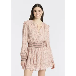 Druckkleid BOSS ORANGE "Darmia Premium Damenmode", Damen, Gr. 40, N-Gr, open miscellaneous 974, Web, Obermaterial: 100% Viskose, gemustert, tailliert kniefrei, weit gesmokt, Kleider Druckkleid, mit Volants und gesmokten Details