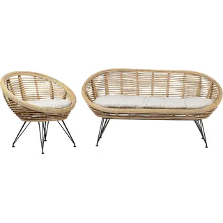 BELIANI Lounge Set Natürlich Rattan 2-Sitzer Gartensofa und Gartenstuhl mit Schwarzem Metallgestell Auflagen Hellbeige Stoff Boho Outdoor Indoor - Beige, Schwarz