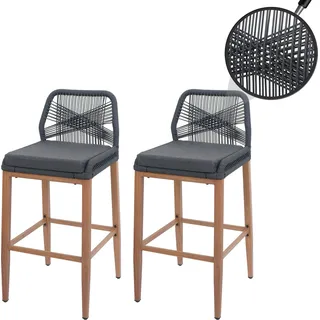2er-Set Rope-Barhocker HWC-O21, Outdoor Sitzpolster Seilgeflecht Metall Holz-Optik anthrazit, Kissen dunkelgrau - Grau