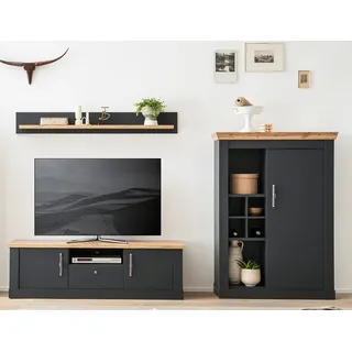 Wohnwand Landhausstil 3-tlg. in anthrazit mit Wotan Eiche Nb. CESENA-61, B/H/T ca. 285/170/45 cm - Grau