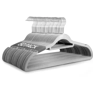 Ediesi, Samt-Kleiderbügel, 50 Stück, grau, mit Krawatte, rutschfest, weich, dünn, für Hose, Hemd, Rock, Anzüge (50 Stück, grau mit Korbato)