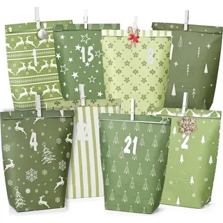 Adventskalender grüne Papiertüten zum Selbstbefüllen, DIY Weihnachtskalender, 24 Bedruckte Geschenktüten - Grün, Weiß