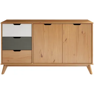 INTER-FURN Sideboard Scandik Kommode, Kiefernholz, Kiefer Massiv-Honig/Grau/Weiß, 140 x 79 x 40 cm