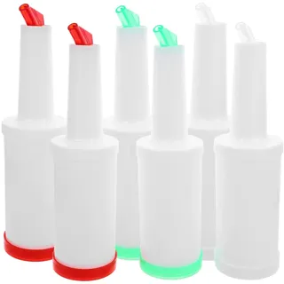 BESTonZON Saftflaschen 1L mit Ausgießer & Deckel – 6 Bunte Kunststoff Flaschen Set zum Befüllen, Lagern, Mischen von Saft, Sirup, Cocktails & Dressing