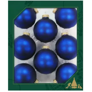 Dekohelden24 Lauschaer Christbaumschmuck - 8er Set Kugeln Uni matt Satin königsblau, 6,7 cm, mit goldenem Krönchen + 50 Schnellaufhänger dazu