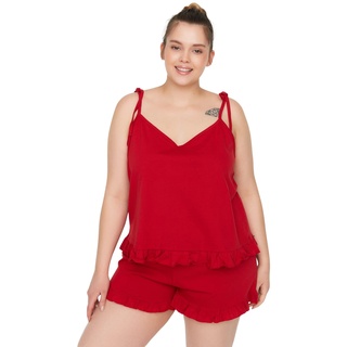 TRENDYOL Damen Women Plain Knit Camisole-Shorts Plus Size Pajamas Set Pyjama, Rot, 6XL Größen (2er Pack)