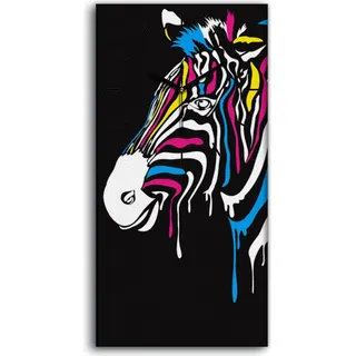 Wanduhr Uhr Wandbild Leinwand 30x60 Foto groß Zebra mit farbigen Streifen - schwarze Hände - Schwarz