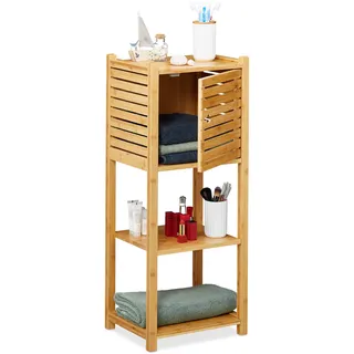 Relaxdays Badregal natur Bambus, 4 Ablagen mit Tür , Hellbraun | Holz, Holzwerkstoff , 35x87.5x29 cm, , Badezimmer, Badezimmerregale, Badregale