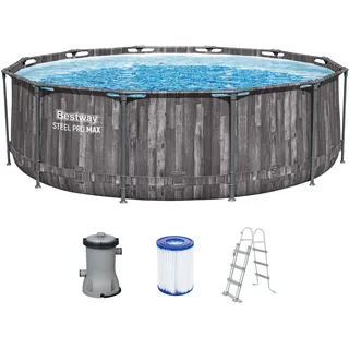 Bestway Steel Pro MAX Frame Pool-Set mit Filterpumpe Ø 366 x 100 cm, Holz-Optik (Mooreiche), rund