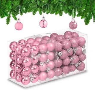 Relaxdays Weihnachtskugeln im 96er Set, glitzernde, matte & glänzende Baumkugeln, Weihnachtsbaumdeko, Kunststoff, rosa