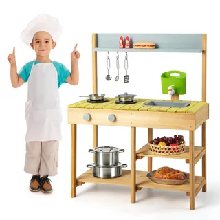 FANTASK Matschküche für Kinder Outdoor & Indoor, Spielküche mit Haken & abnehmbarem Regal, Kinderküche Holz mit Wasserfunktion, Gartenküche Geschenke für Kinder ab 2 Jahren, Natur