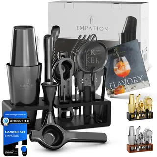 EMPATION Cocktail Set Schwarz [TESTSIEGER], 825ml Cocktail Shaker mit Bar Zubehör für Cocktails, Bartender Set mit Profi Boston Shaker, Barkeeper Set, Bar Set, Cocktailshaker Set, Cocktail Mix Set
