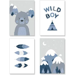 PREMYO Bilder Kinderzimmer Deko Jungen - Tipi Zelt Poster Set Babyzimmer - Wandbilder Schlafzimmer Bär Wildnis Blau A4