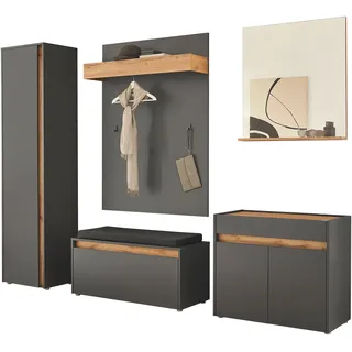 INOSIGN »GIRON/ CiTY, Garderobe in Wotan Eiche, moderner Garderobenschrank«, (Komplett-Set, 5 St.), enthält Schrank, Kommode, Spiegel, Paneel & Schuhbank +Sitzkissen