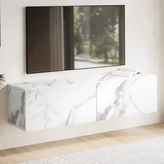 FineBuy Lowboard Hängend Marmor-Optik Weiß 120x30x30 cm TV-Schrank Fernsehtisch mit Klapptüren Modern Fernsehschrank Wand TV-Kommode Fernsehkommode - Weiß