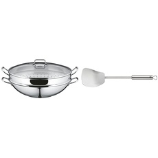 WMF Macao Wok-Set Induktion 4-teilig, Wok-Pfanne 36 cm mit Glasdeckel, Ablagegitter, Dämpfereinsatz Cromargan Edelstahl poliert, unbeschichtet & Profi Plus Wok-Wender 36,2 cm, Pfannenwender