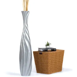 Leewadee Große Hohe Bodenvase 105 cm - Handgefertigte Mangoholz-Bodenvase in Silber für Pampasgras & Trockenblumen