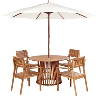 BELIANI Gartenmöbel Set Hellbraun Akazenholz 6-Teilig Runder Tisch  120 cm mit 4 Stühlen und 1 Sonnenschirm Runstikales Design Outdoor Terrasse Garten - Braun, Beige