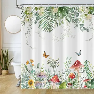 Uiiooazy Duschvorhang 180x220cm, Duschvorhang Anti Schimmel Tropisch Grüne Palmeblätter Eukalyptus Pilz Duschvorhänge Wasserdicht Polyester Stoff Waschbar Bad Vorhang mit 12 Haken für Badezimmer