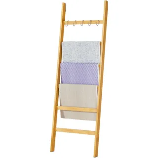 Yorbay Handtuchleiter Bambus 6 Sprossen: Kleiderleiter mit 2 Sturzsicherheitsriemen und 5 Haken - Deko Handtuchhalter Leiter für Badezimmer Schlafzimmer Pool HxB 170 x 60 cm (Bambus)