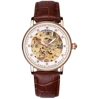 RORIOS Damen-Armbanduhr, mechanisch, automatisch, Leuchtend, Diamant, Skelett, Damenuhren, Braun B, Gurt