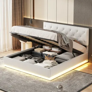 Bett (140 x 200 cm) – Stauraum – Lattenrost – LED-Beleuchtung und verstellbares Kopfteil – Leinen – Beige - Beige