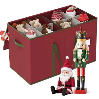 XIVIRACK Aufbewahrungsbox für Weihnachtsfiguren für 38 cm große Figuren und Nussknacker, 8 Schlitzen und 2 Taschen, Doppelreißverschlüssen, 600D Oxford, 63 x 31 x 38,5 cm, Rot
