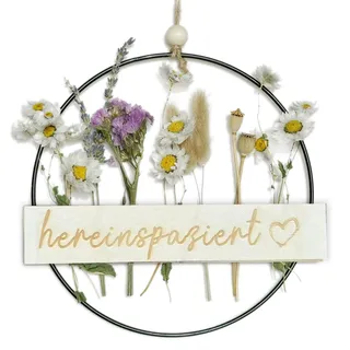 Trockenblumenkranz - Türkranz Herzlich hereinspaziert - Türkranz Trockenblumen - Schild Kranz Holz Metall 22cm Gravur Ring Türschild - hereinspaziert