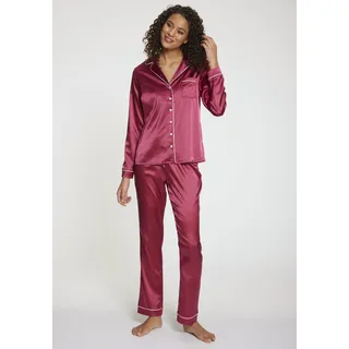 Pyjama S.OLIVER, Damen, Gr. 46, lila (beere), Satin, Obermaterial: 95% Polyester, 5% Elasthan, unifarben, bequem lang, V-Ausschnitt, eingesetzt Manschette, Homewear-Sets Pyjama, incl. Schlafmaske