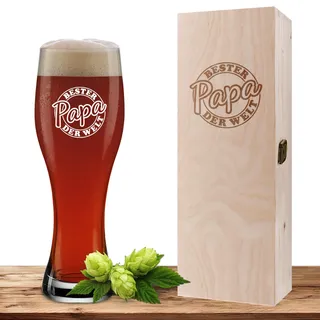 Weizenglas 'Bester Papa der Welt' mit Geschenkbox aus Holz, Bierglas 0,5 Liter mit Gravur auf Glas und Holzbox, Geschenk zum Vatertag, Geburtstag, Weihnachten - Motiv Siegel Bester Papa der Welt