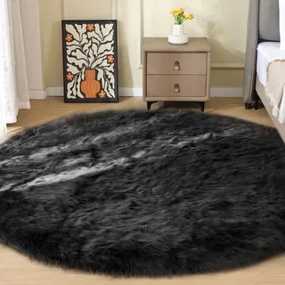 ORINOVA Teppich Runder Schwarz 200 cm Kunstfell Fellteppich Flauschig Schlafzimmer Wohnzimmer Weicher Kuschelteppich Waschbar Bettvorleger