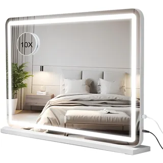 Buildonely Hollywood Schminkspiegel mit Beleuchtung, 80x55cm Schminkspiegel mit LED Licht Dimmbare 3 Lichtmodi, Touch Control, Groß Spiegel mit 10X Vergrößerung, Tischplatte oder Wandhalterung