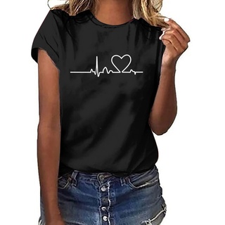 Tshirt Damen Lässige Elektrokardiogramm Druck Oberteile Herzschlagkurve Pullover T-shirt Einfarbiges Basic Shirt Rundhals Kurzarm Sommer Tops Lockere All-Match Tunika Bluse Laufshirt Sportshirt